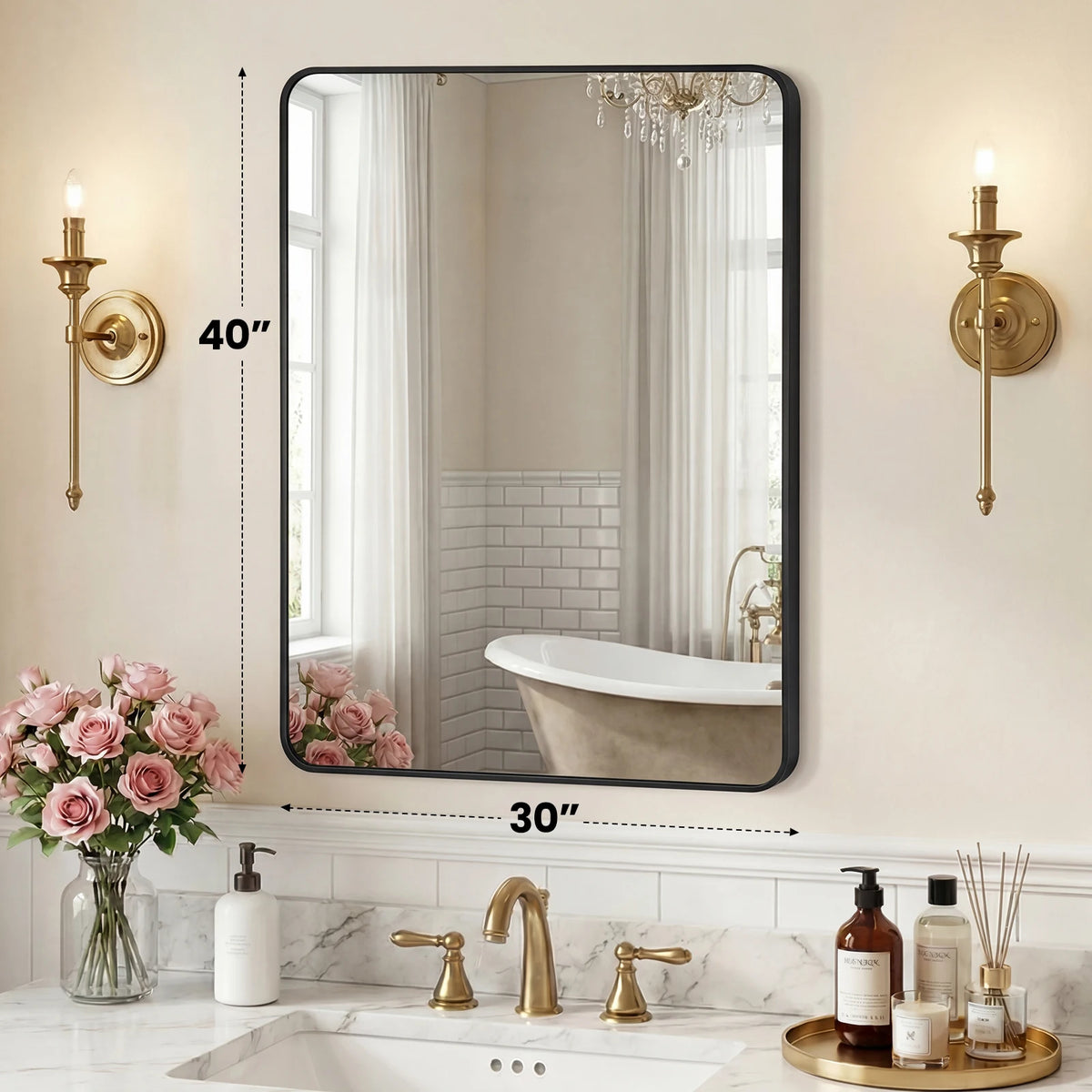 JHK Rounded Rectangle Wall Mirror Tempered Glass Metal Frame Modern Bathroom Mirror