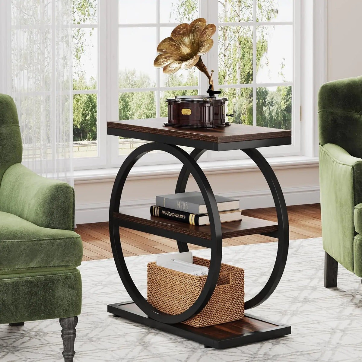 Little Tree Industrial End Table With 3 Shelves, Slim Nightstand