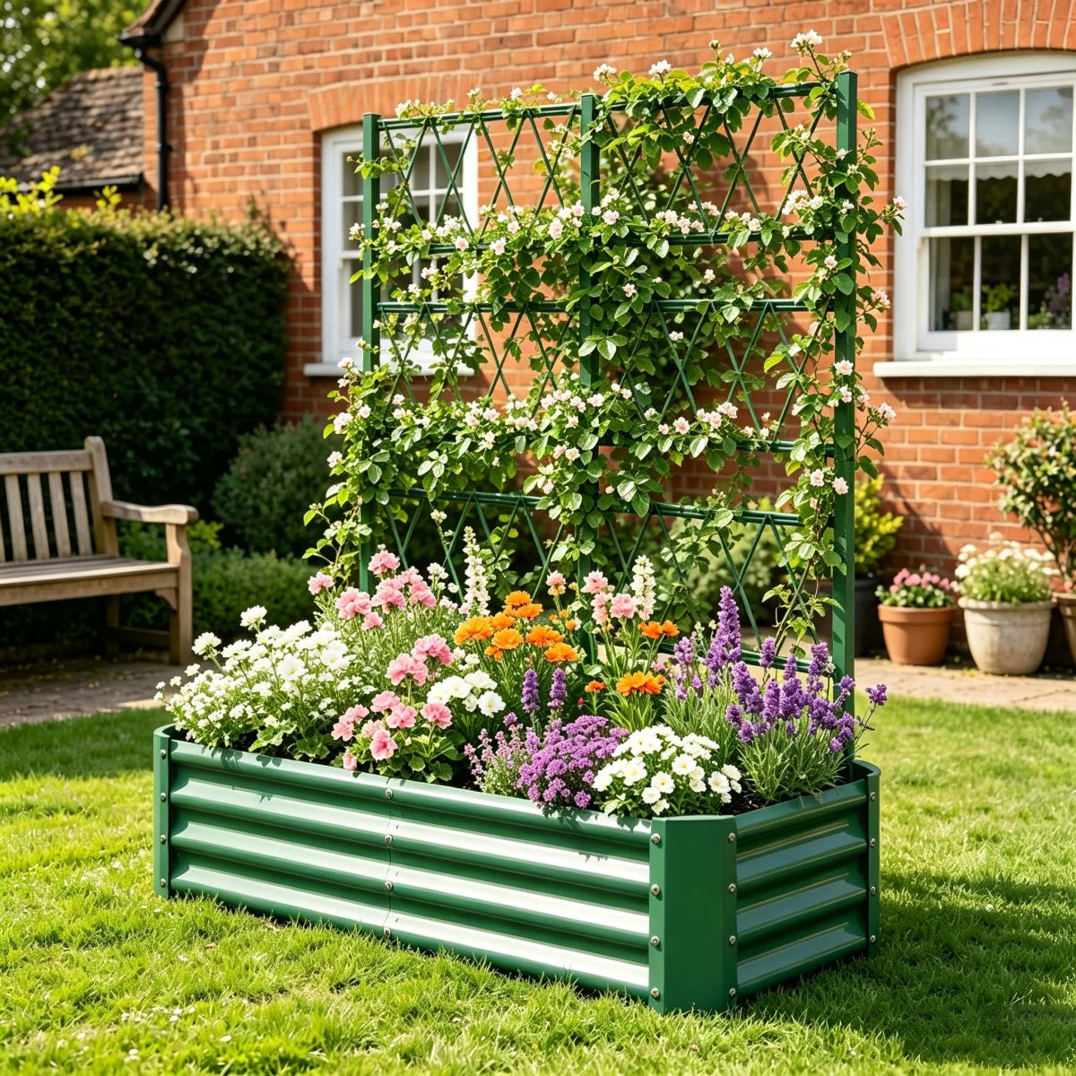 Galvanized Metal Raised Garden Bed With Climbing Plant Trellis