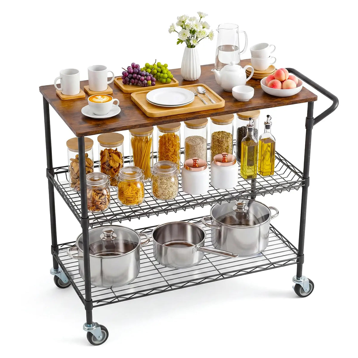 HiMISS Sturdy Three Tier Rolling Kitchen Cart With Wood Top