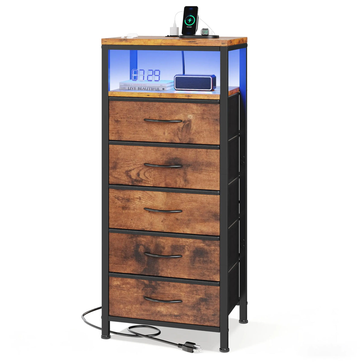 JHK Five-Drawer Fabric Dresser With Charging Station And Light Strip