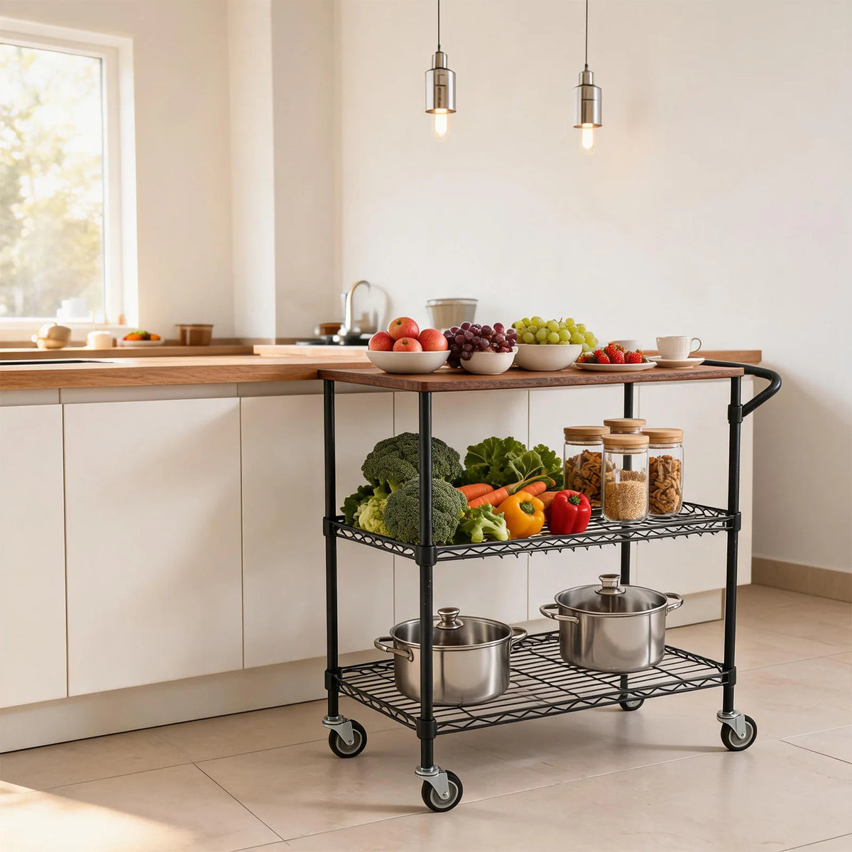 HiMISS Sturdy Three Tier Rolling Kitchen Cart With Wood Top
