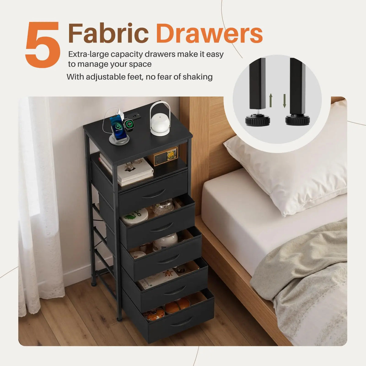 JHK Five-Drawer Fabric Dresser With Charging Station And Light Strip
