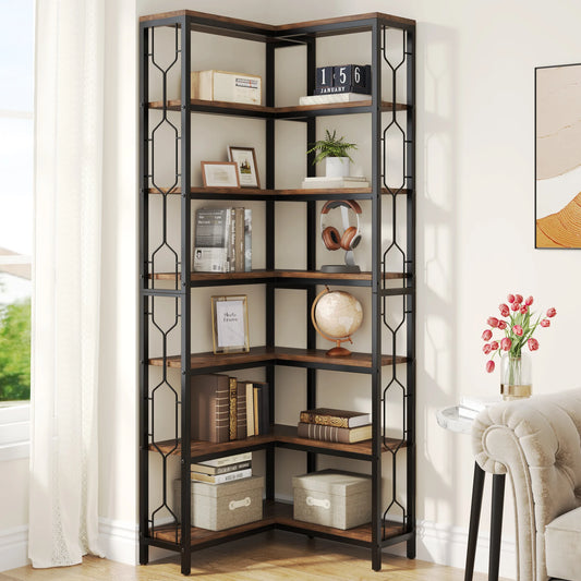 Tribesigns Seven Tier Industrial Corner Shelf With Wood And Metal Frames For Home Display Storage