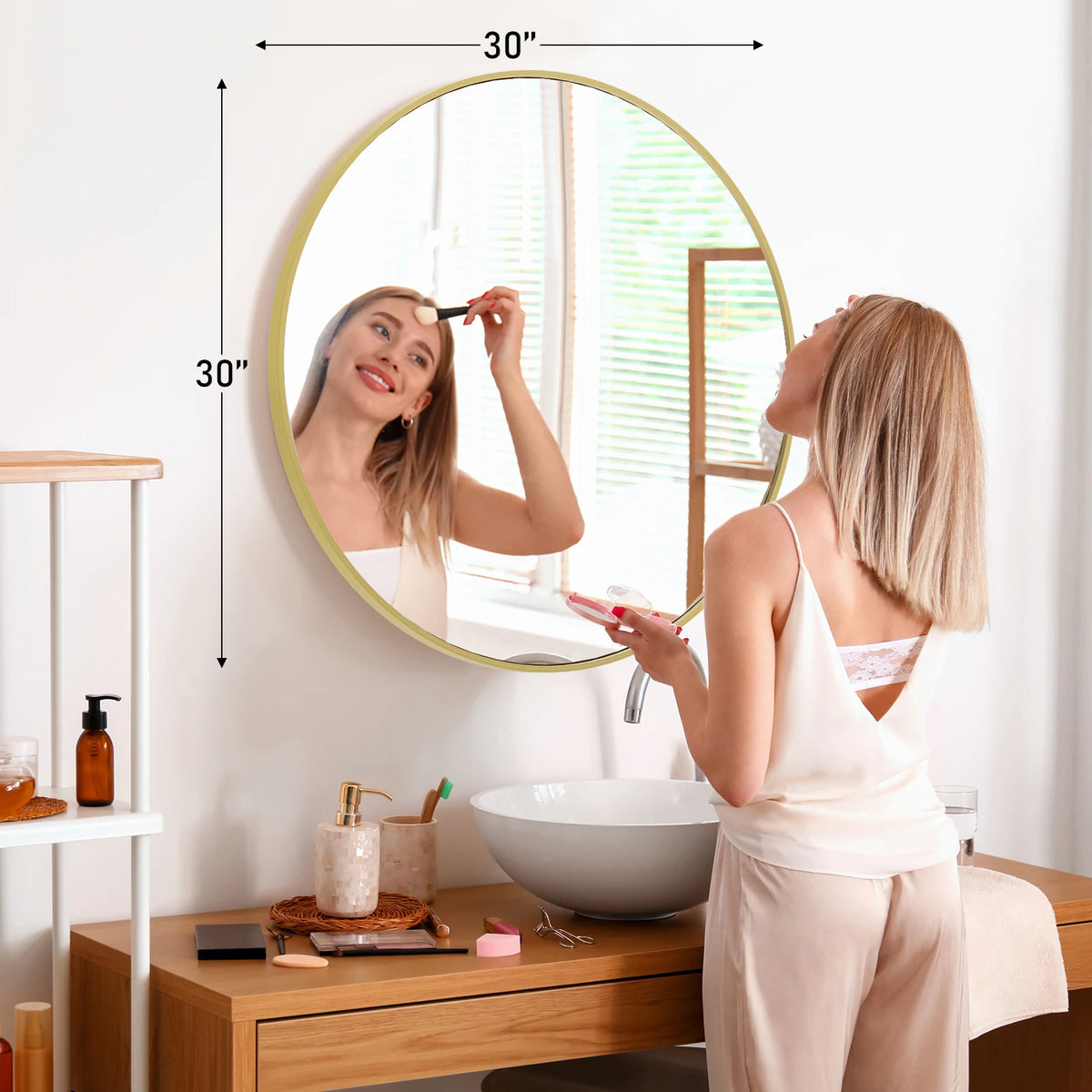 JHK Large Gold Round Vanity Mirror Modern Wall Mounted Tempered Glass