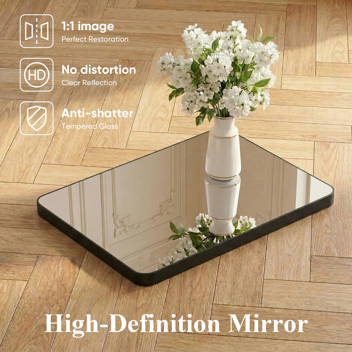 JHK Rounded Rectangle Wall Mirror Tempered Glass Metal Frame Modern Bathroom Mirror