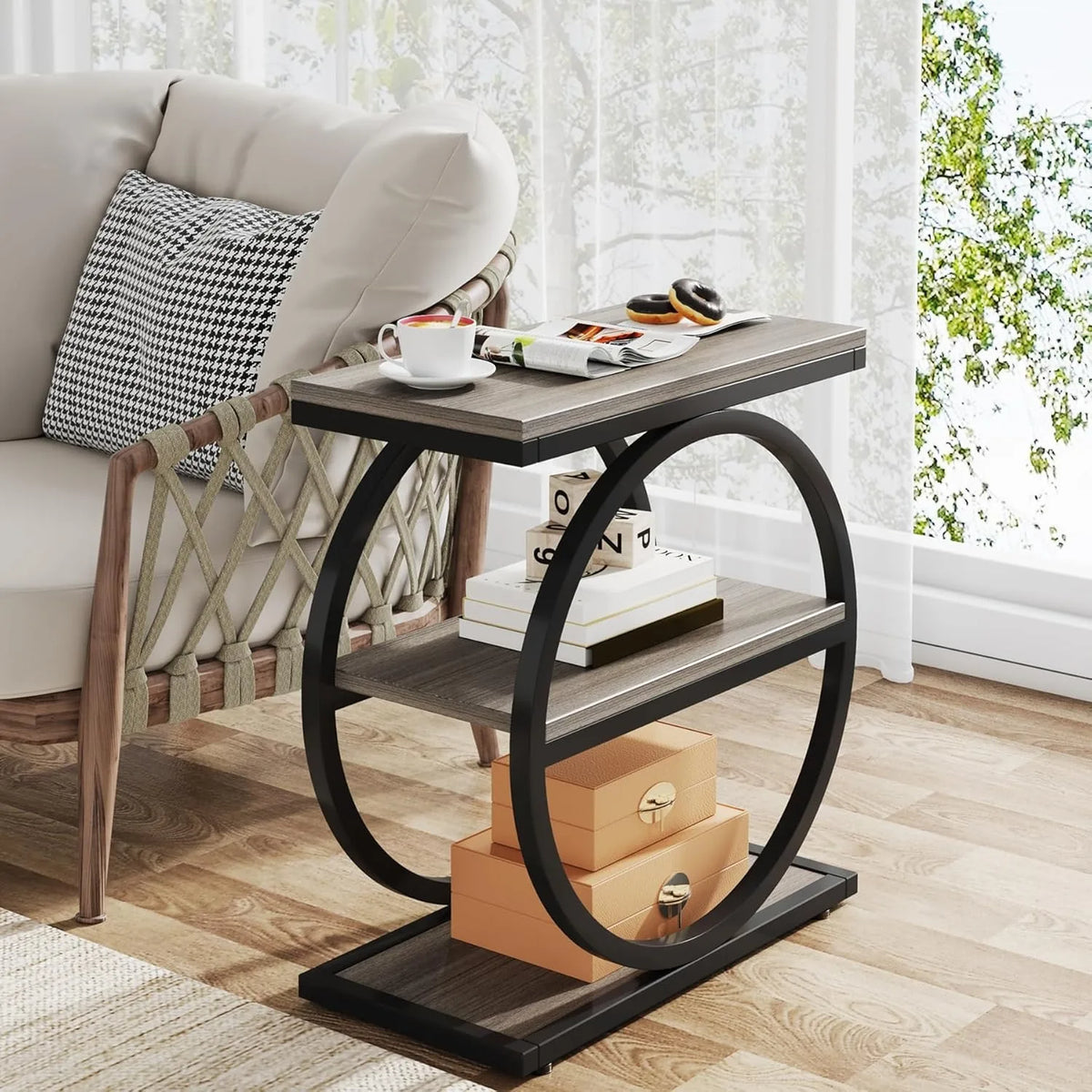 Little Tree Industrial End Table With 3 Shelves, Slim Nightstand