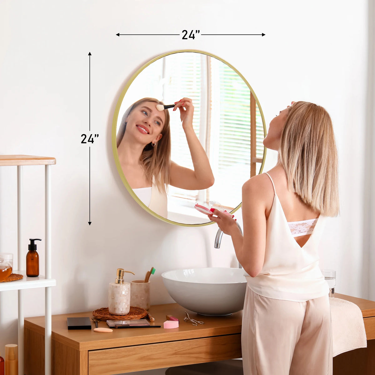 JHK Large Gold Round Vanity Mirror Modern Wall Mounted Tempered Glass