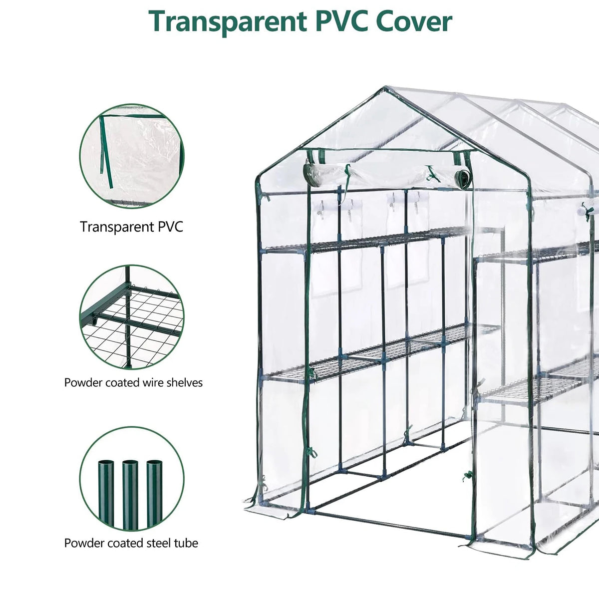 HiMISS Greenhouse With Shelves PE Cover And Zipper Door