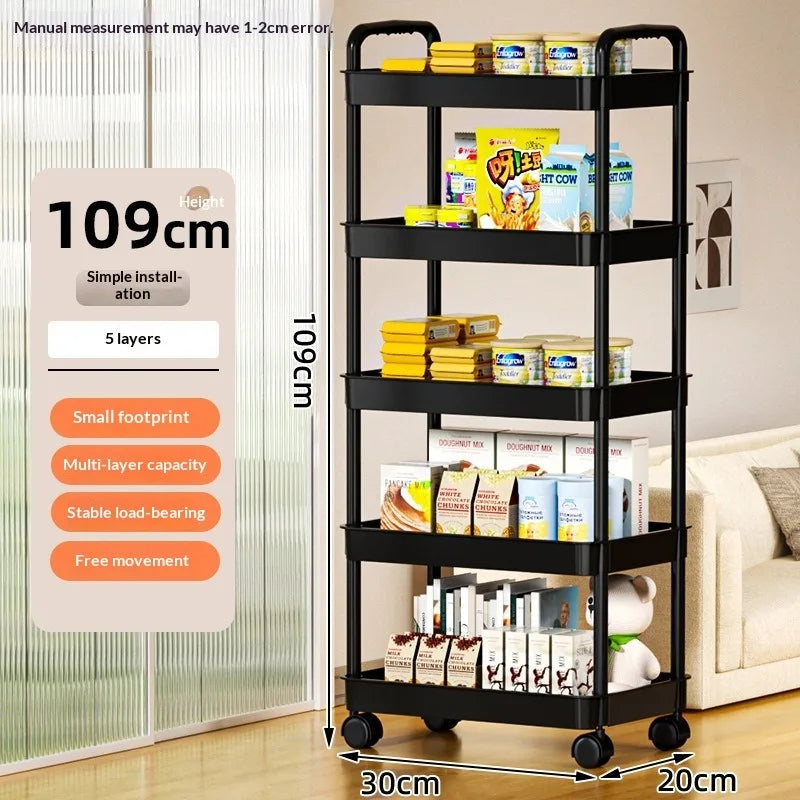 5 Tier Rolling Kitchen Storage Cart With Thickened Plastic Shelves