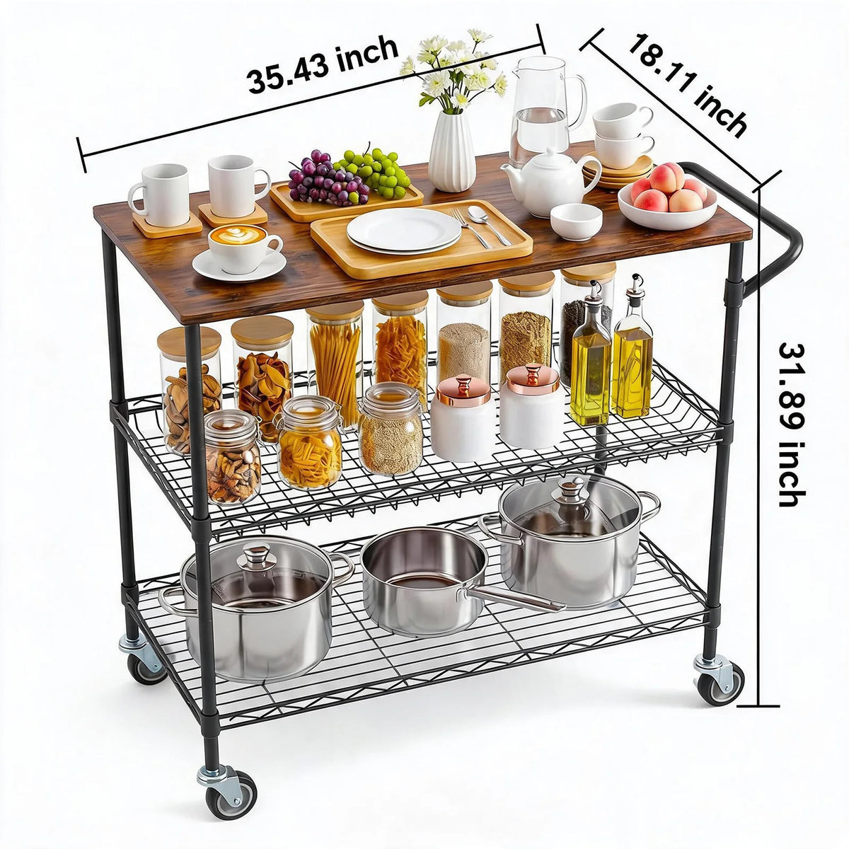 HiMISS Sturdy Three Tier Rolling Kitchen Cart With Wood Top