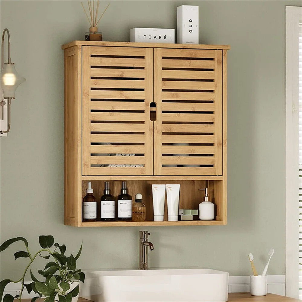 Natural Bamboo Wall Mounted Bathroom Cabinet With Adjustable Shelf