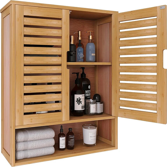 Natural Bamboo Wall Mounted Bathroom Cabinet With Adjustable Shelf