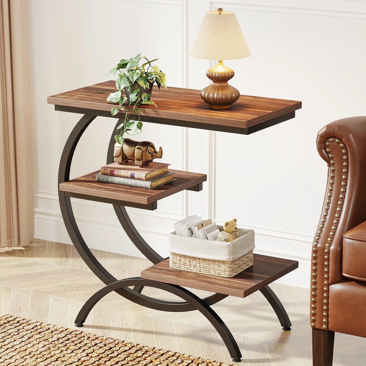 Tribesigns C-Shaped End Table Industrial 3-Tier Small Table With Storage Shelves
