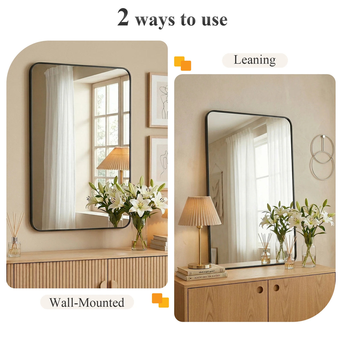 JHK Rounded Rectangle Wall Mirror Tempered Glass Metal Frame Modern Bathroom Mirror