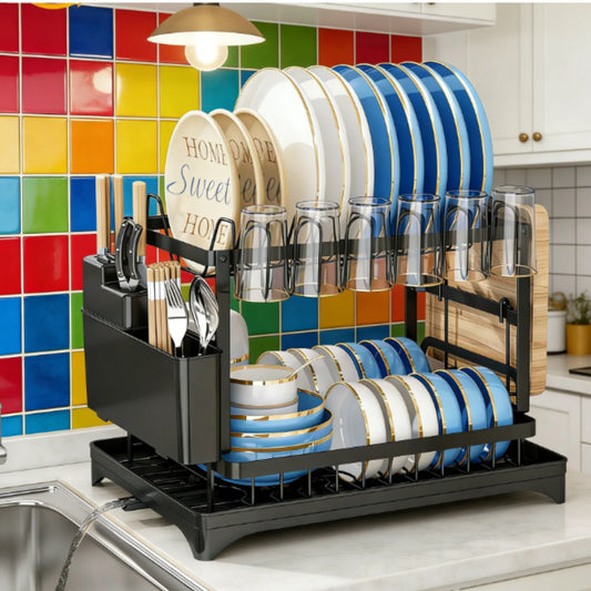 HiMISS Double Tier Stainless Steel Dish Rack With Drainage Tray