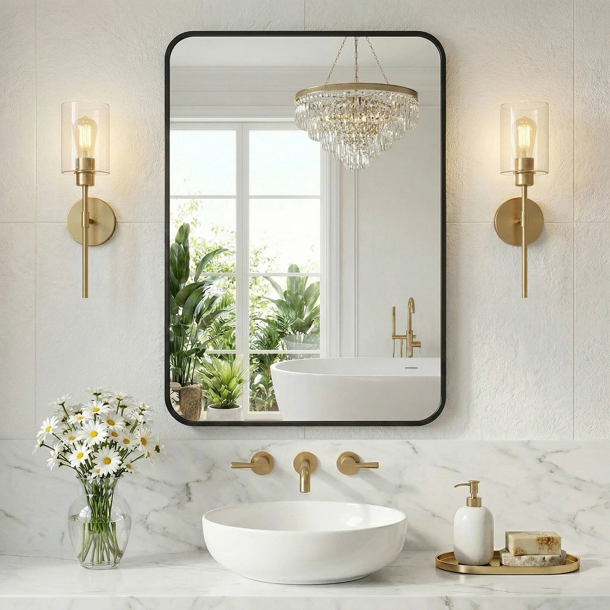 JHK Rounded Rectangle Wall Mirror Tempered Glass Metal Frame Modern Bathroom Mirror