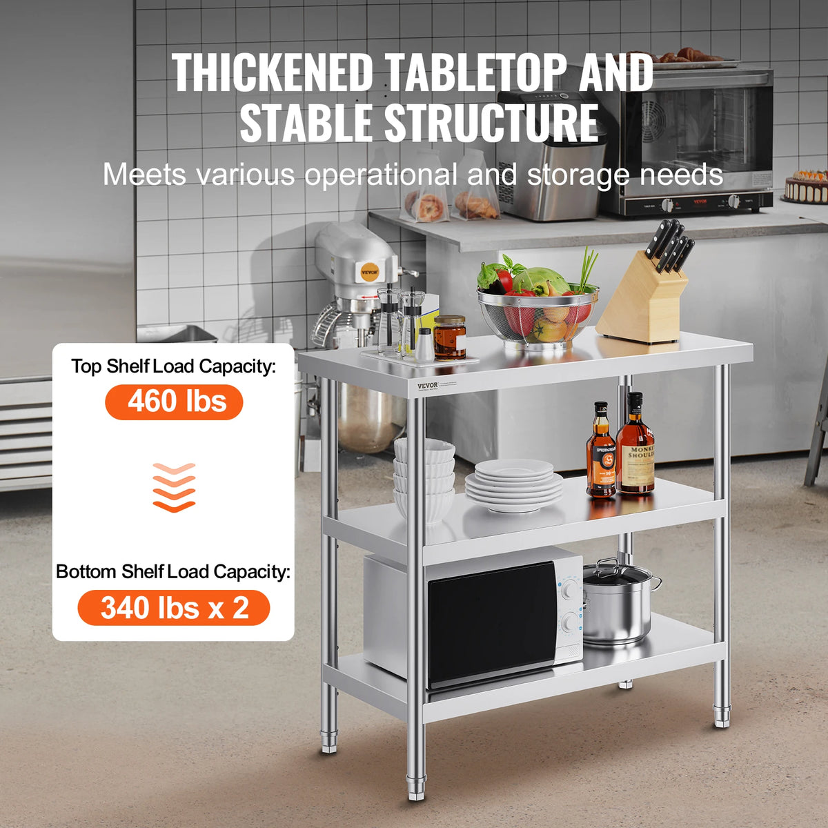 SucceBuy Stainless Steel Food Prep Table With Two Adjustable Undershelves