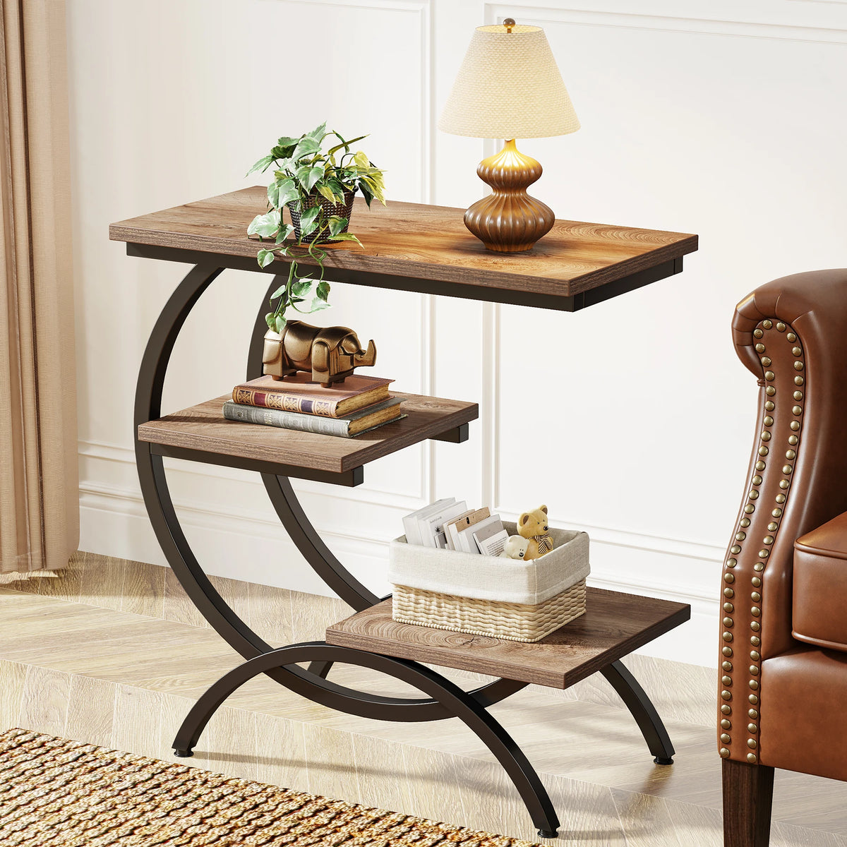 Tribesigns C-Shaped End Table Industrial 3-Tier Small Table With Storage Shelves