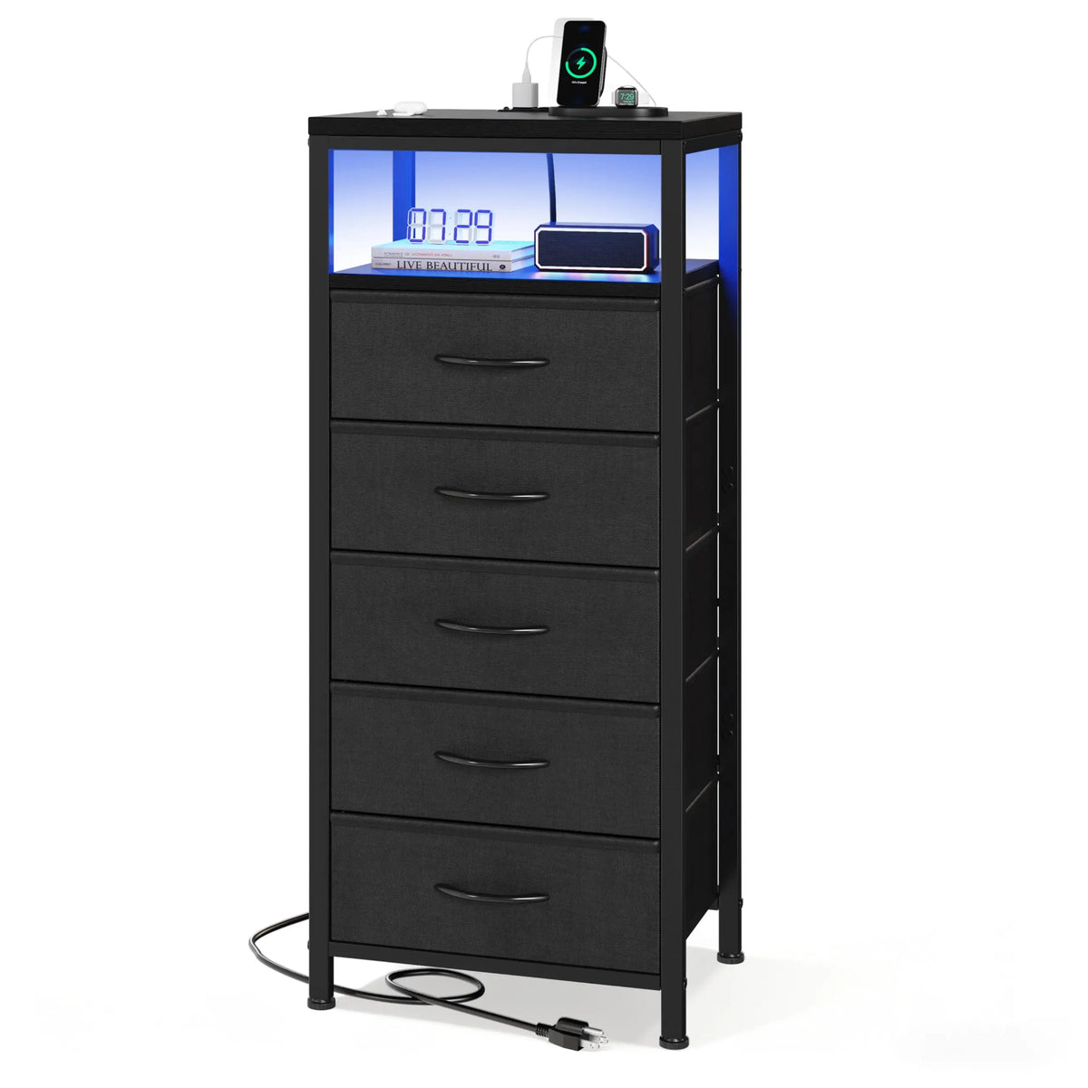 JHK Five-Drawer Fabric Dresser With Charging Station And Light Strip