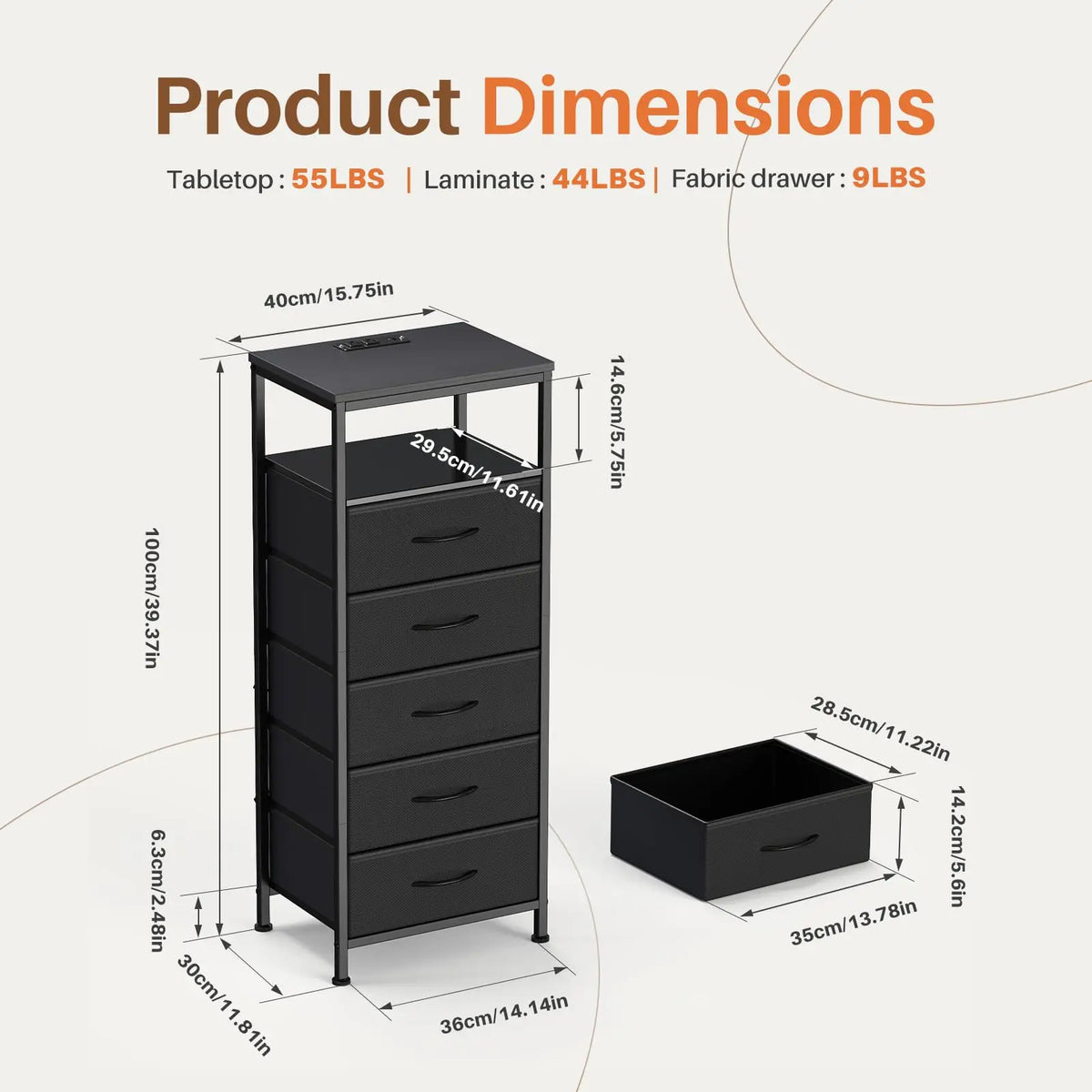 JHK Five-Drawer Fabric Dresser With Charging Station And Light Strip