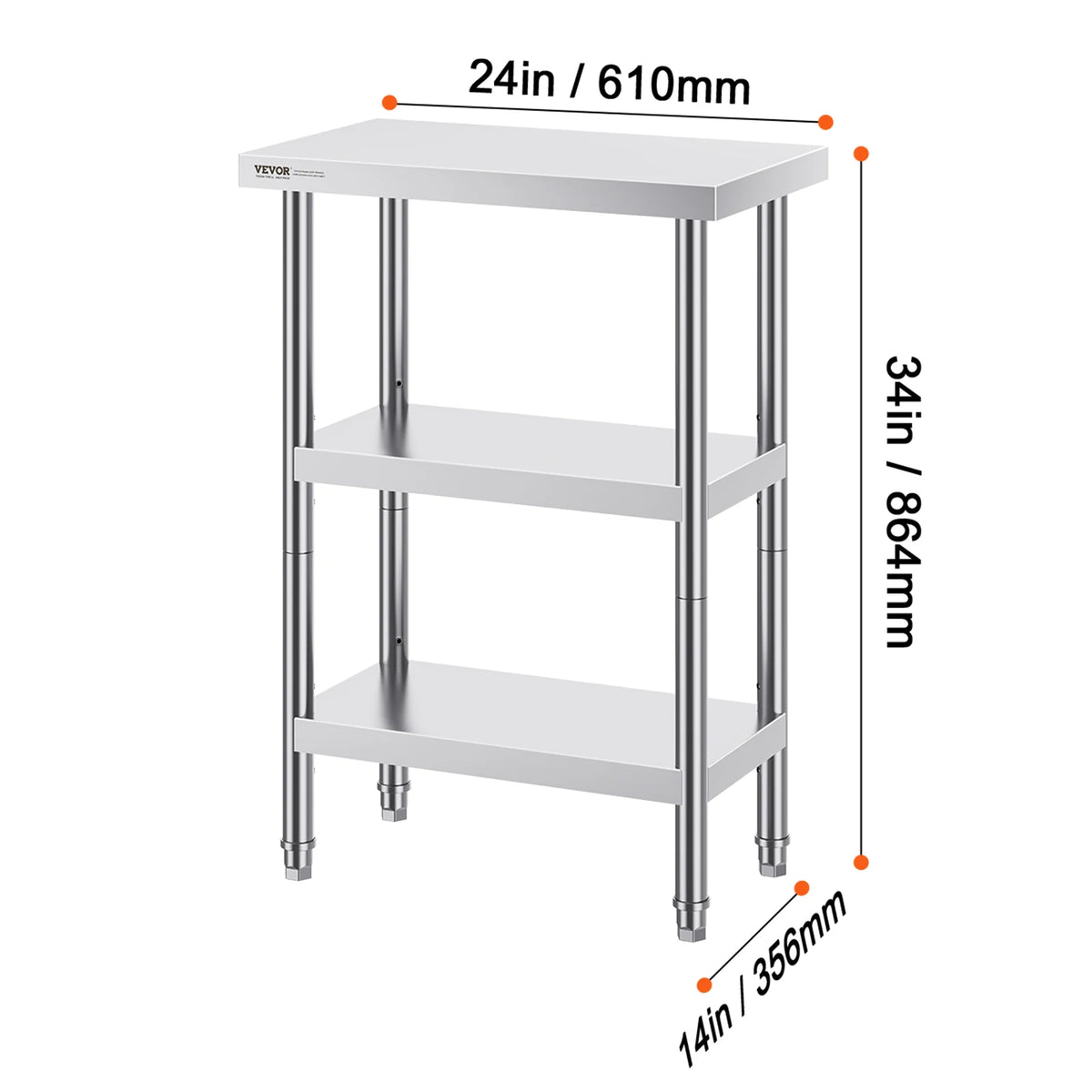 SucceBuy Stainless Steel Food Prep Table With Two Adjustable Undershelves