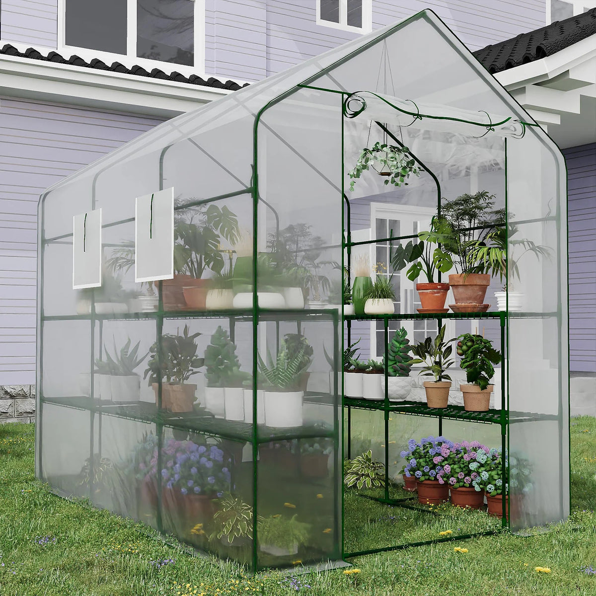 HiMISS Greenhouse With Shelves PE Cover And Zipper Door