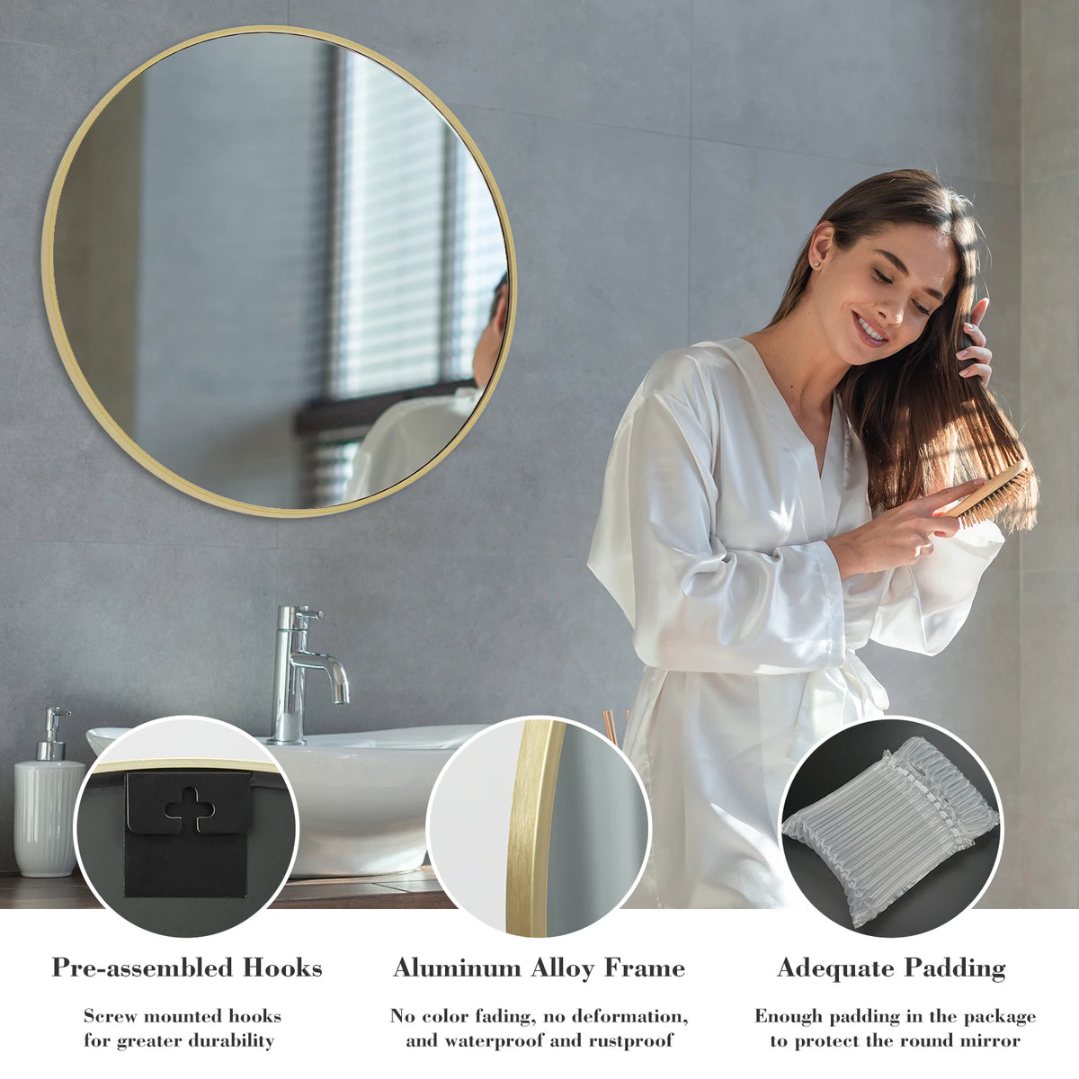 JHK Large Gold Round Vanity Mirror Modern Wall Mounted Tempered Glass