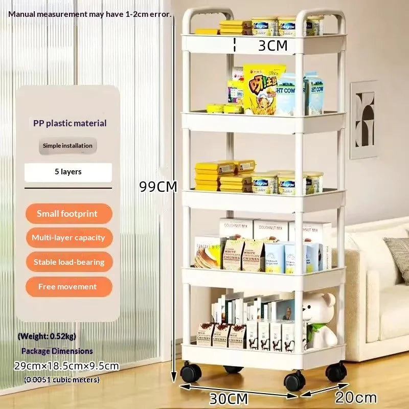 5 Tier Rolling Kitchen Storage Cart With Thickened Plastic Shelves
