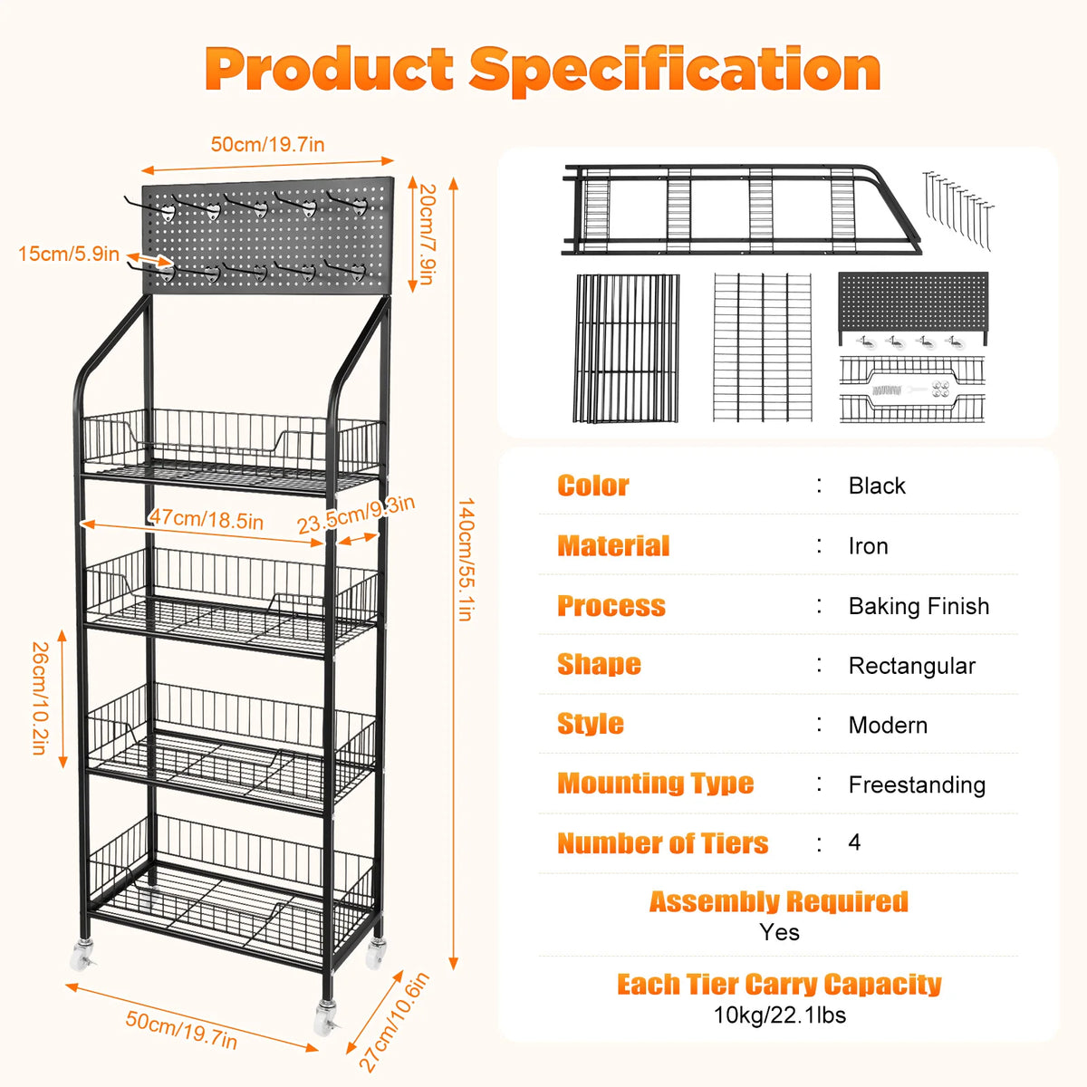 Bymaocar 4 Tier Rolling Metal Display Rack With Basket Storage