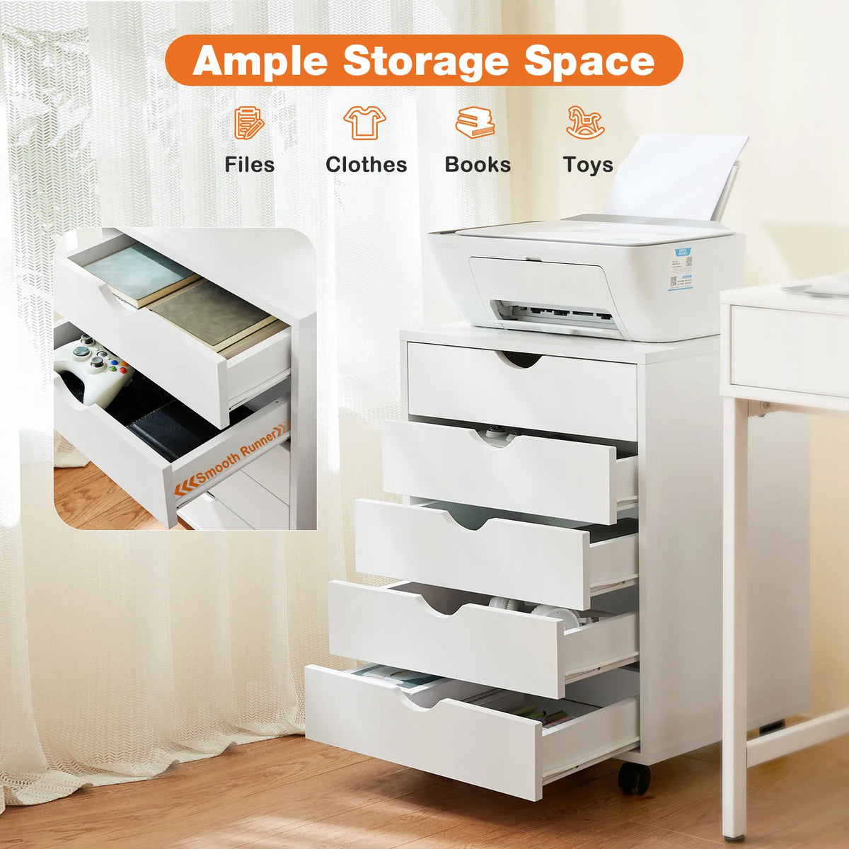 JHK Wood Nightstand With 5 Drawers, Waterproof Surface, Mobile Bedside Table