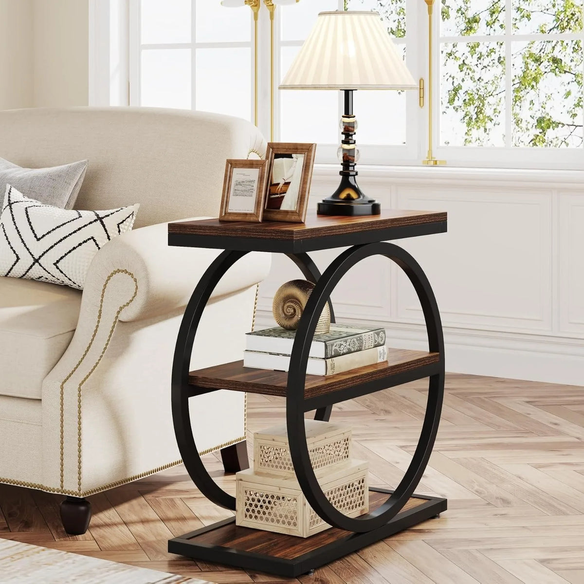 Little Tree Industrial End Table With 3 Shelves, Slim Nightstand
