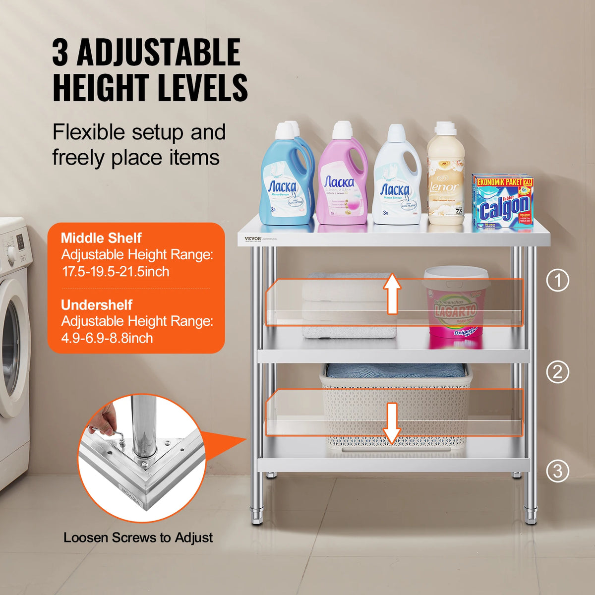 SucceBuy Stainless Steel Food Prep Table With Two Adjustable Undershelves