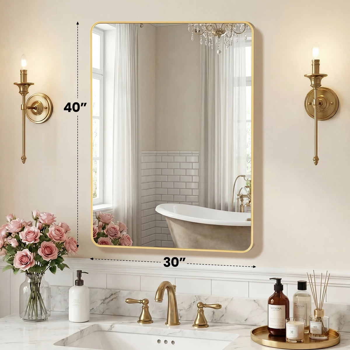 JHK Rounded Rectangle Wall Mirror Tempered Glass Metal Frame Modern Bathroom Mirror