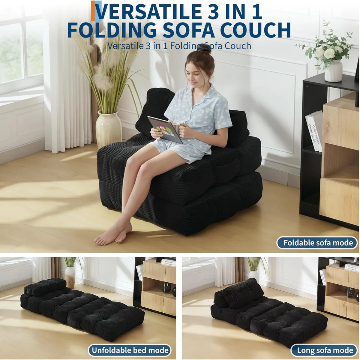 Hmmiss Foldable Sofa Bed With Pillow And Side Pocket For Living Room Lounge