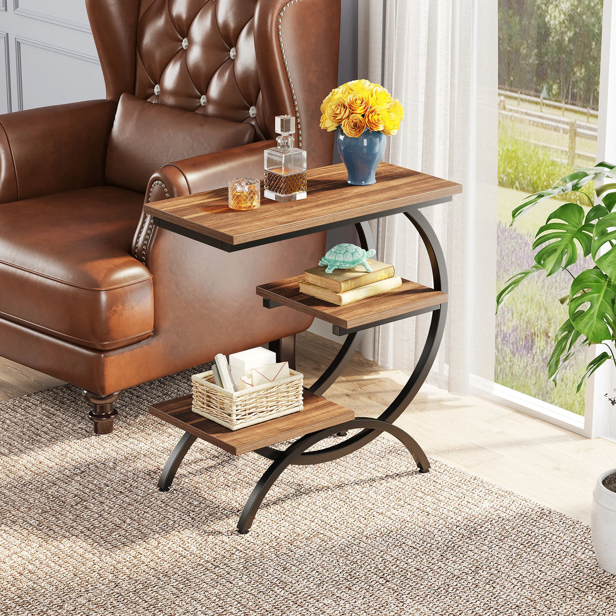 Tribesigns C-Shaped End Table Industrial 3-Tier Small Table With Storage Shelves