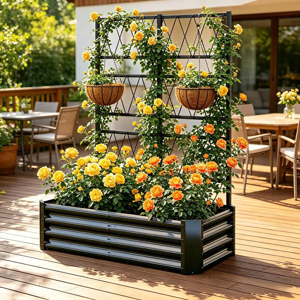 Galvanized Metal Raised Garden Bed With Climbing Plant Trellis