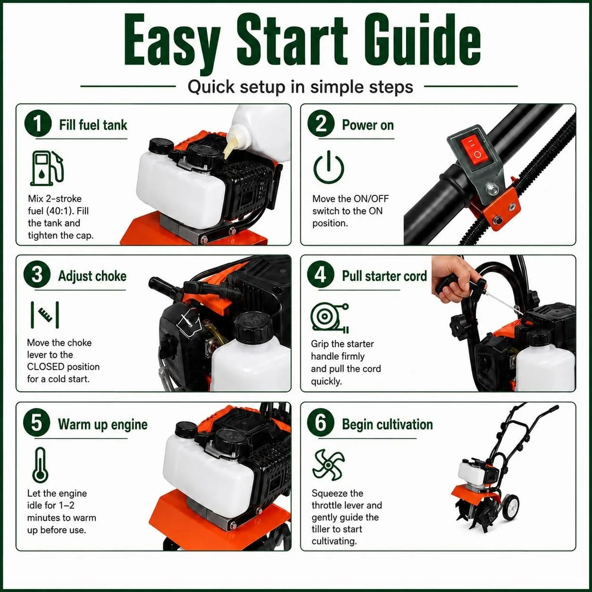 Gas Powered Garden Tiller Cultivator With Adjustable Steel Tines