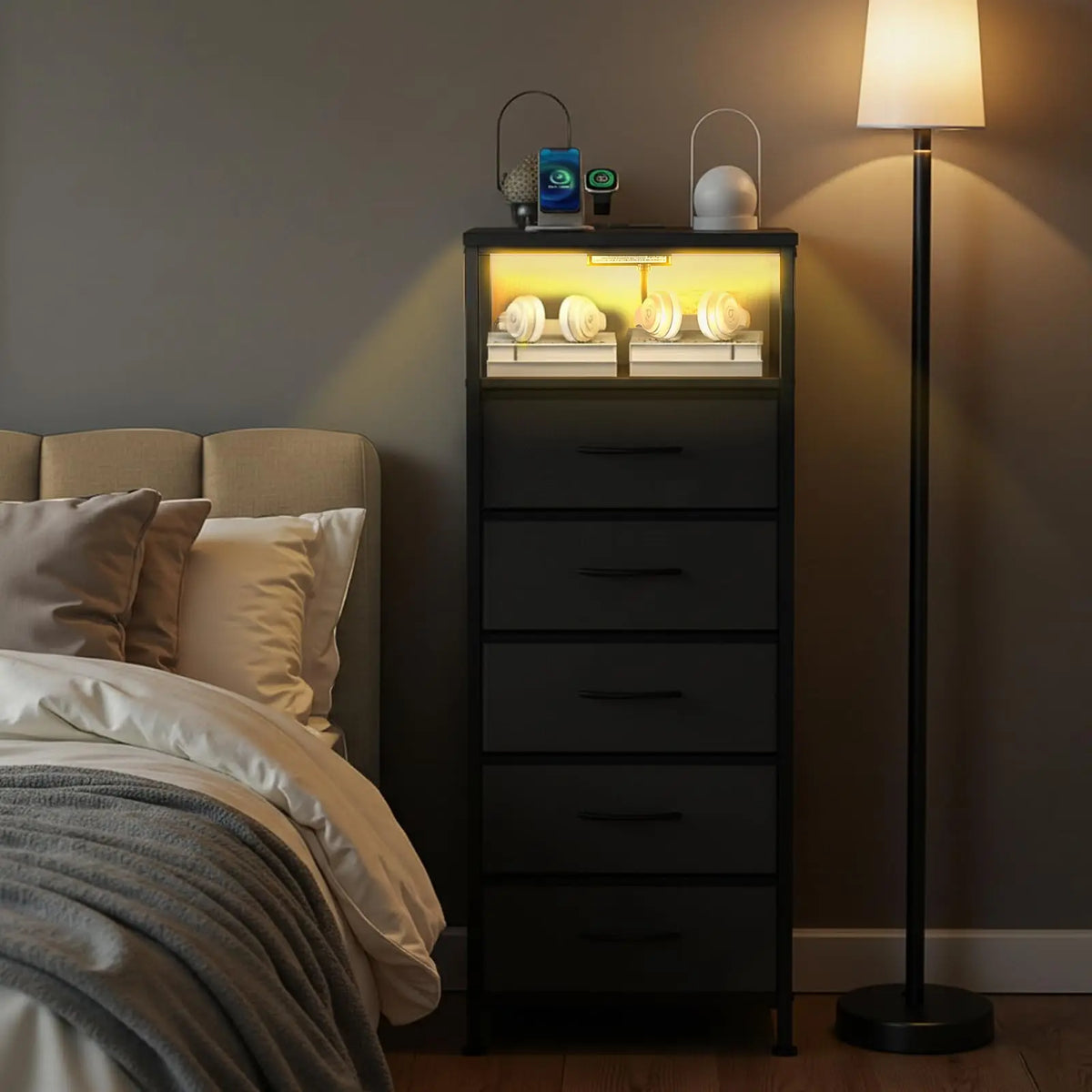 JHK Five-Drawer Fabric Dresser With Charging Station And Light Strip