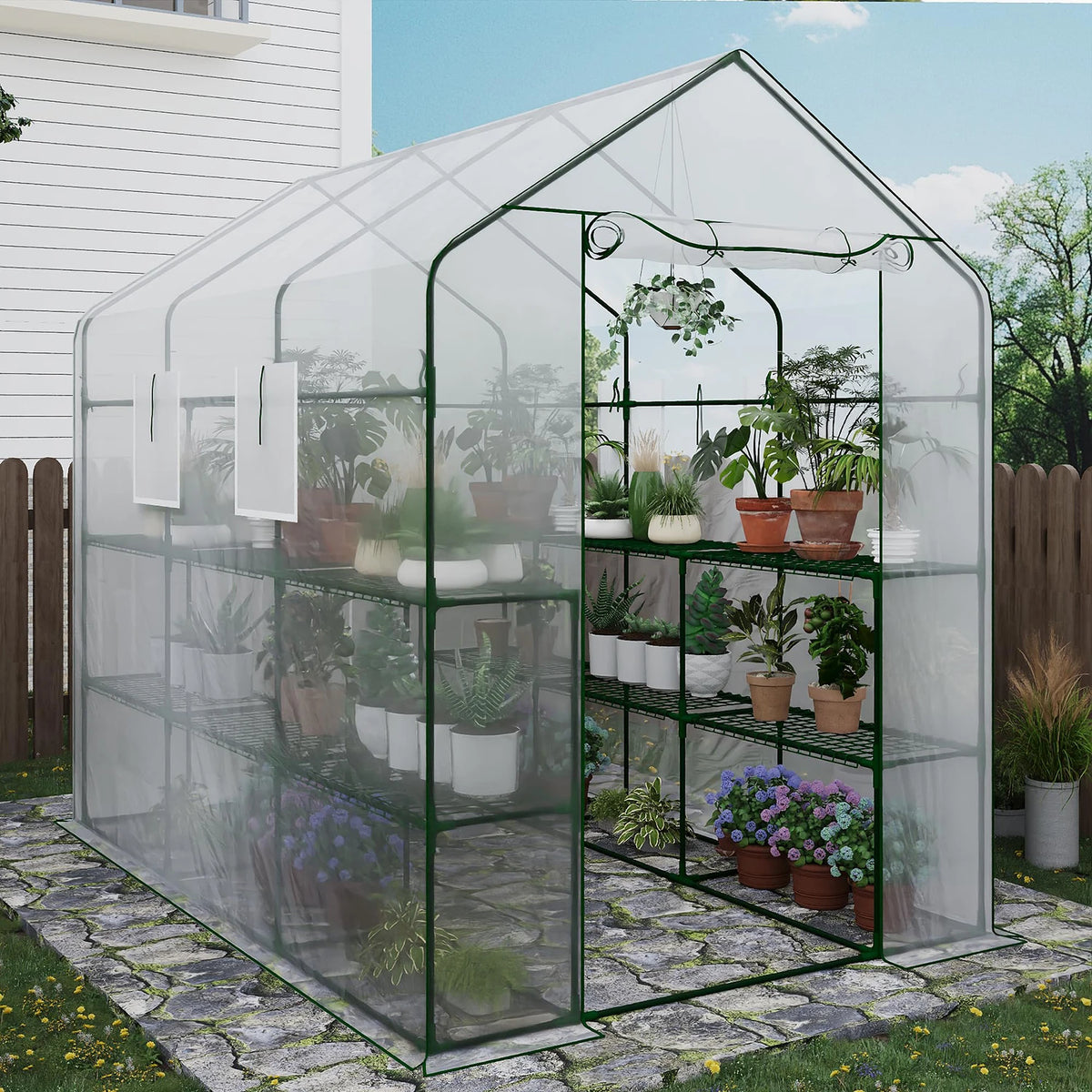 HiMISS Greenhouse With Shelves PE Cover And Zipper Door
