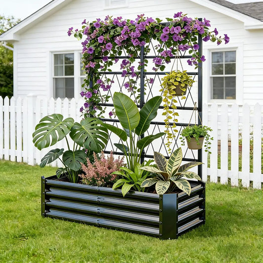Galvanized Metal Raised Garden Bed With Climbing Plant Trellis