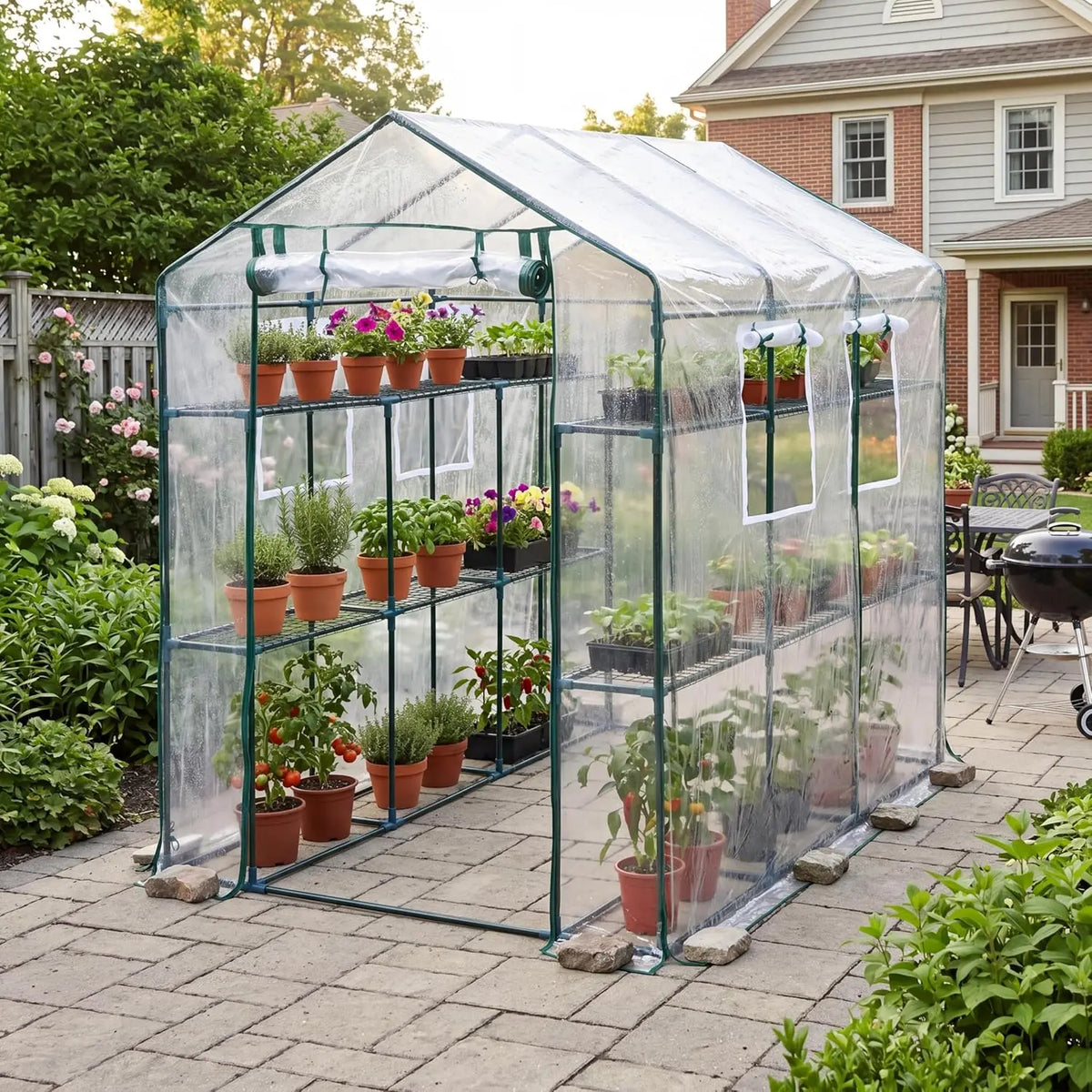 HiMISS Greenhouse With Shelves PE Cover And Zipper Door