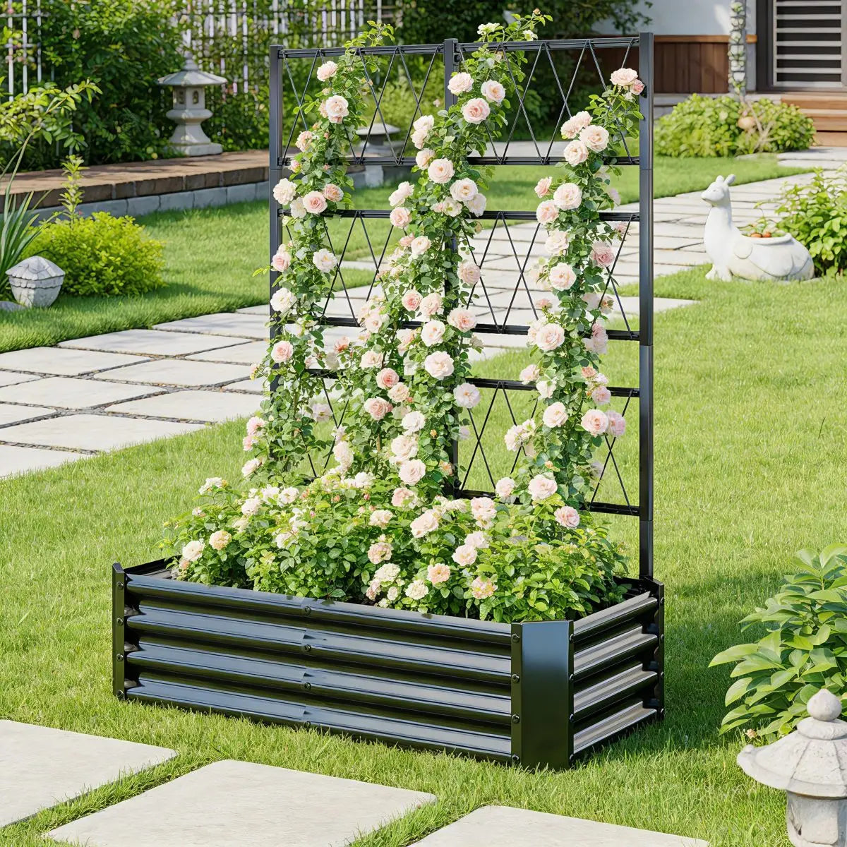 Galvanized Metal Raised Garden Bed With Climbing Plant Trellis