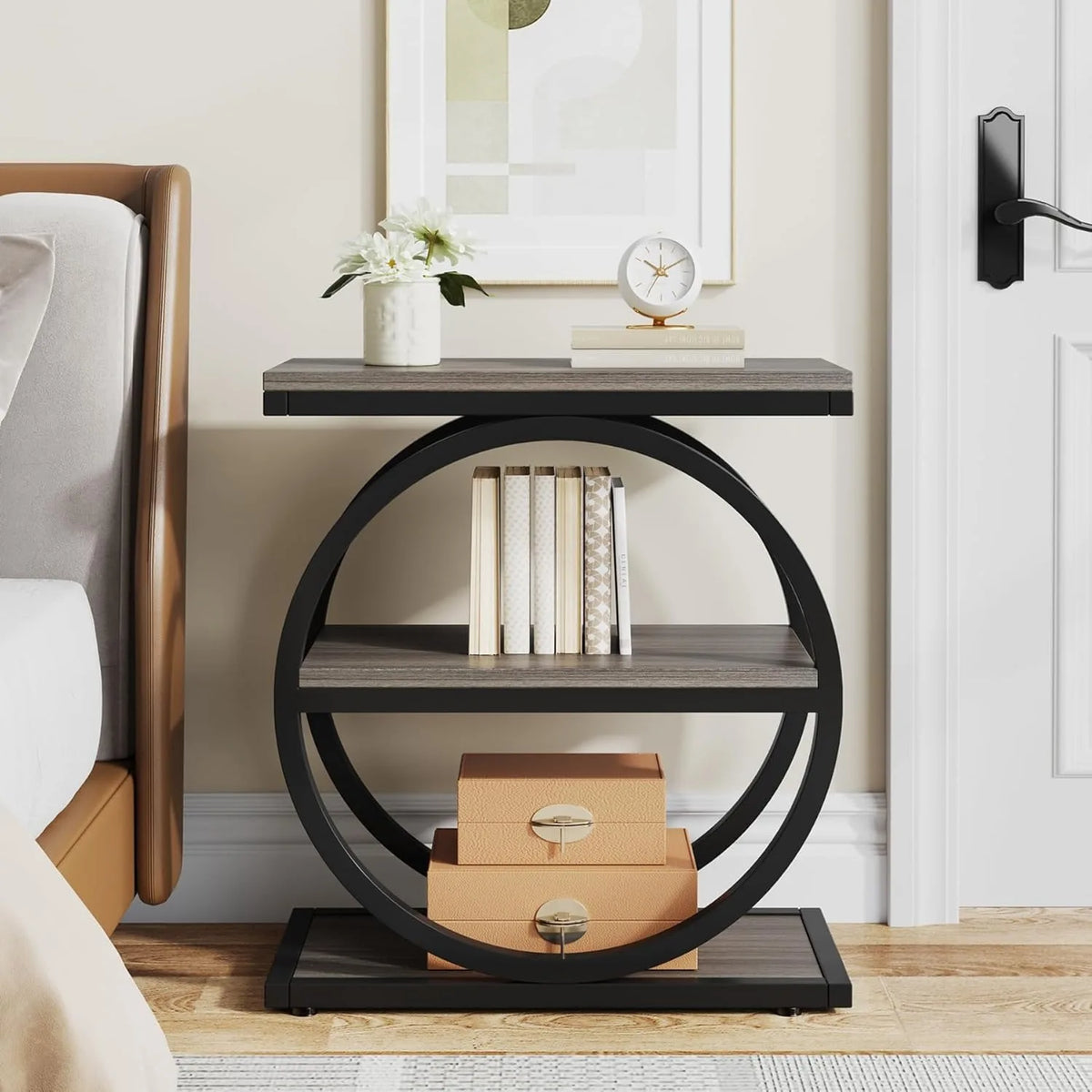 Little Tree Industrial End Table With 3 Shelves, Slim Nightstand