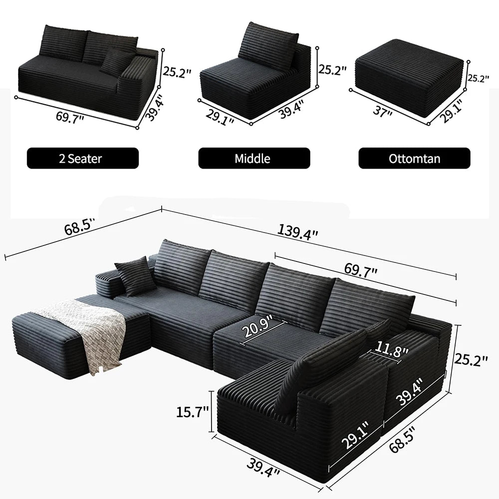YQXH Cloud-Style Modular Sectional Sofa Corduroy Cover Memory Foam Cushions