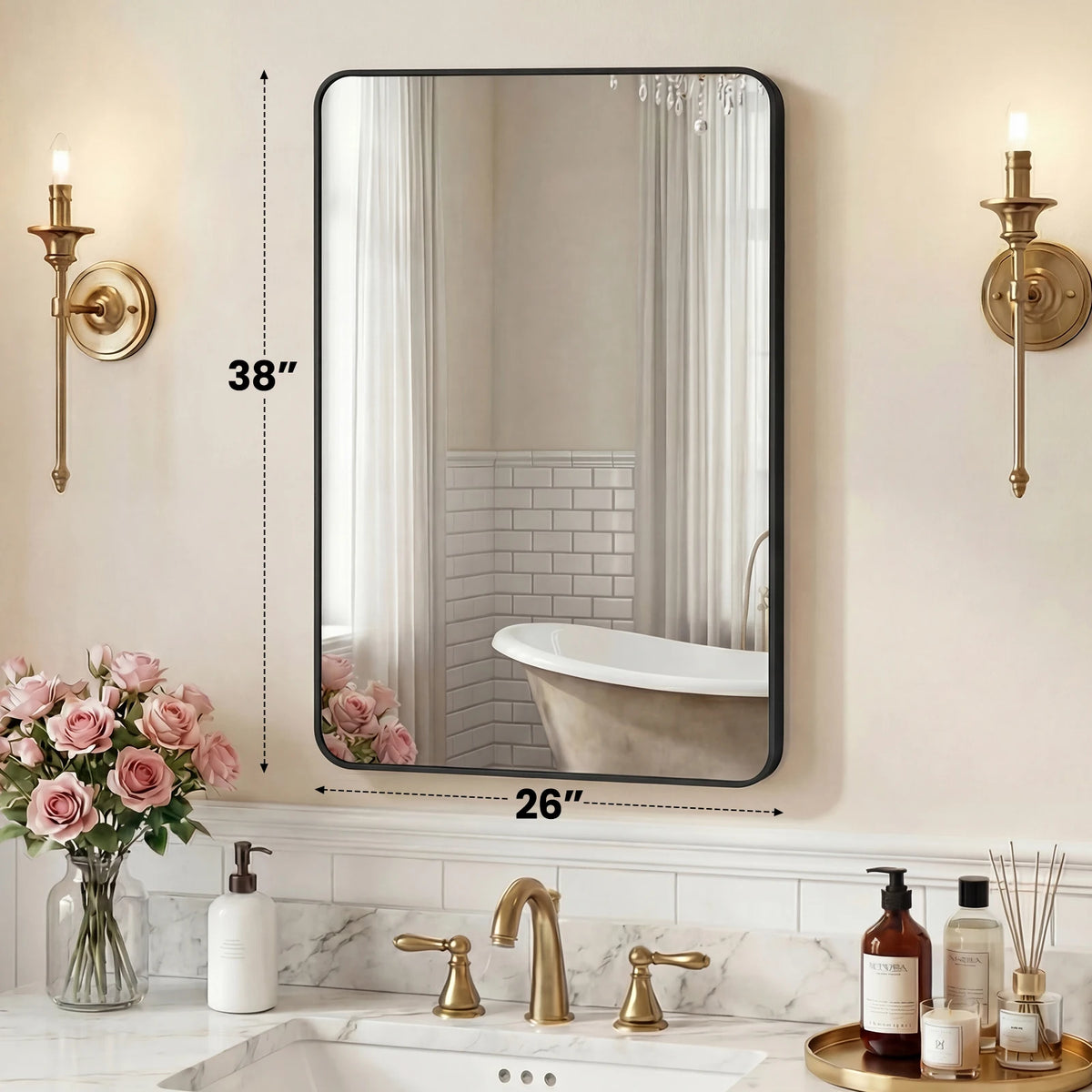 JHK Rounded Rectangle Wall Mirror Tempered Glass Metal Frame Modern Bathroom Mirror