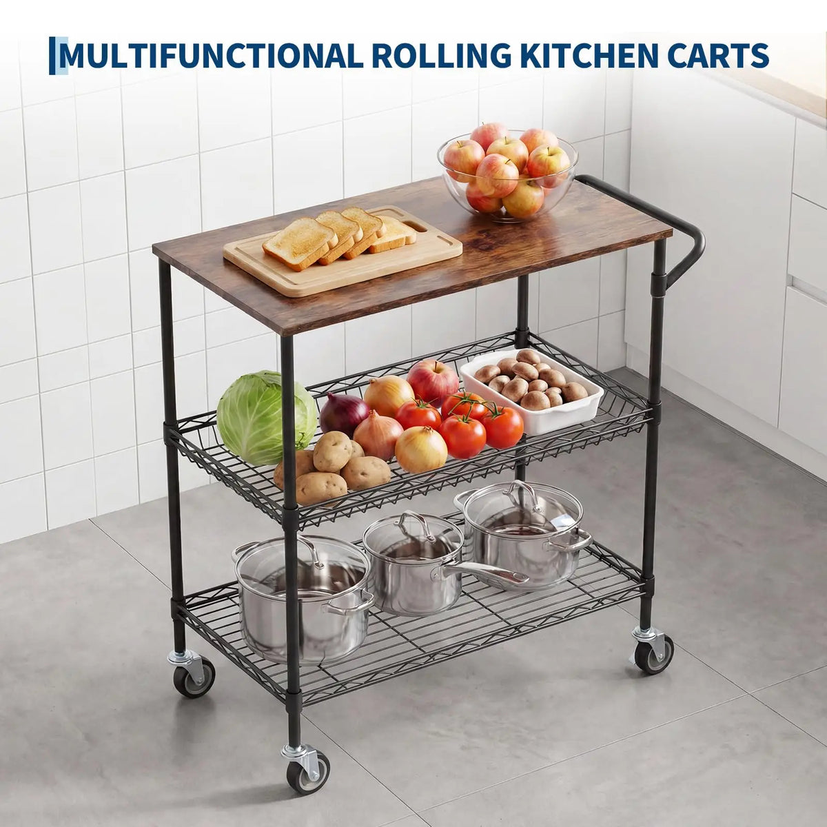 HiMISS Sturdy Three Tier Rolling Kitchen Cart With Wood Top