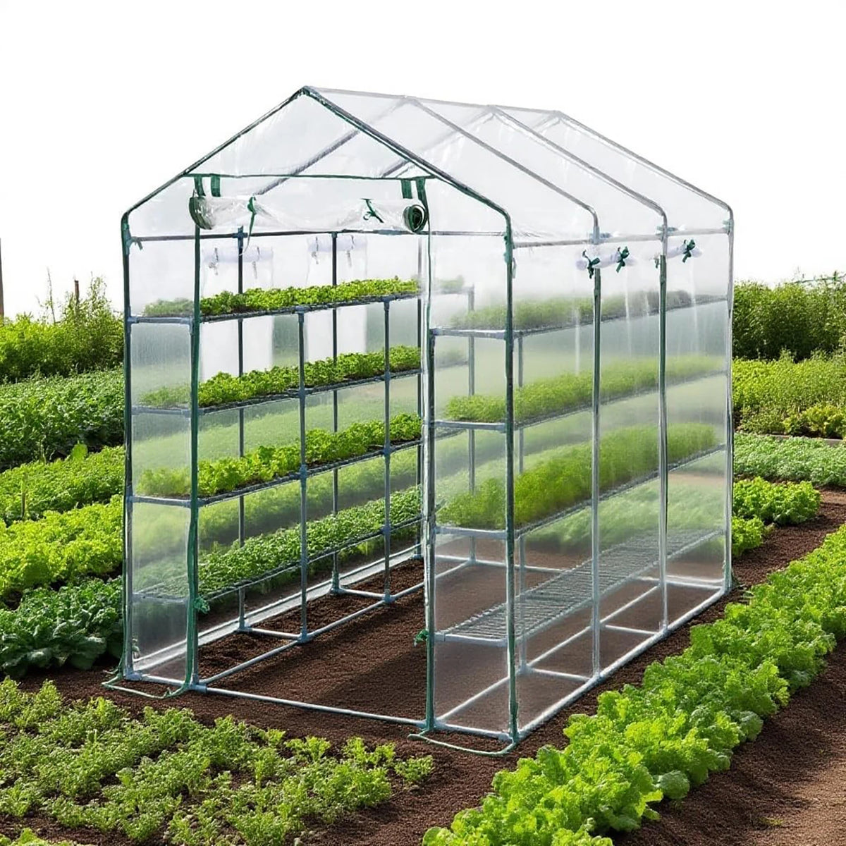 HiMISS Greenhouse With Shelves PE Cover And Zipper Door