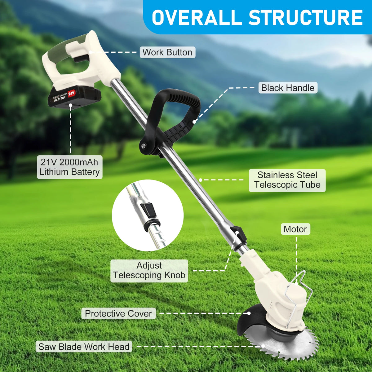 21V Cordless 3In1 Grass Trimmer Lawn Mower Brush Cutter