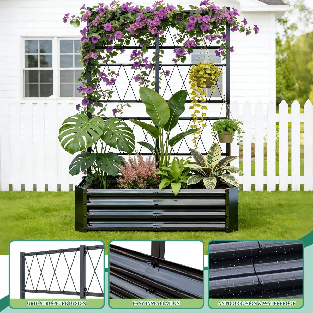 Galvanized Metal Raised Garden Bed With Climbing Plant Trellis